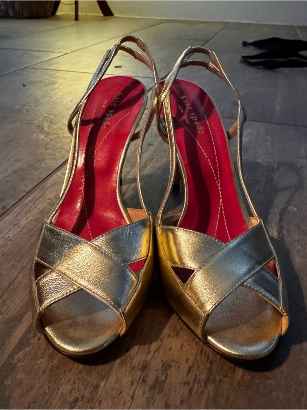 kate spade Gold Metallic Slingback Peep-Toe Heels with Pink Insole